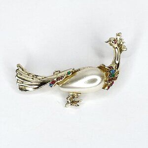 Vintage Peacock Brooch Faux Pearl Colored Rhinestones 2.25"